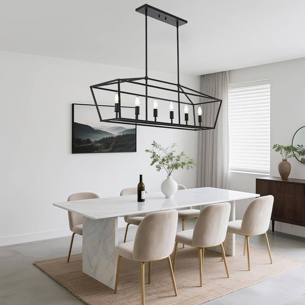 BONLICHT 6 Light Farmhouse Chandelier Black Modern Linear Kitchen Island Lights Industrial Vintage Candle-Style Dining Room Lighting Fixture Hanging Foyer Ceiling Lights with Adjustable Rods,E12 Base
