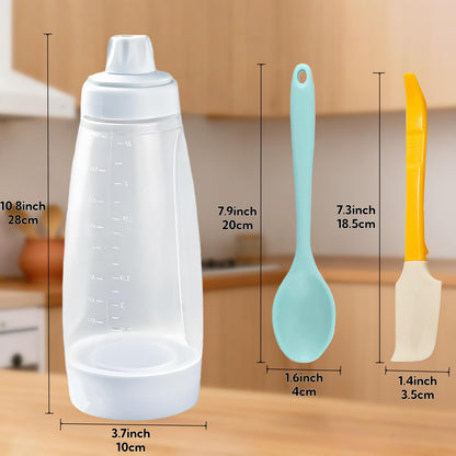 Vziokk Pancake Batter Dispenser, 33 Oz Pancake Mixer Bottle with Silicone Spatula and Spoon, Kitchen Squeeze Batter Dispenser and Mixer with BlenderBall for Pancake, Waffle, Crepe, Muffin, Cupcake