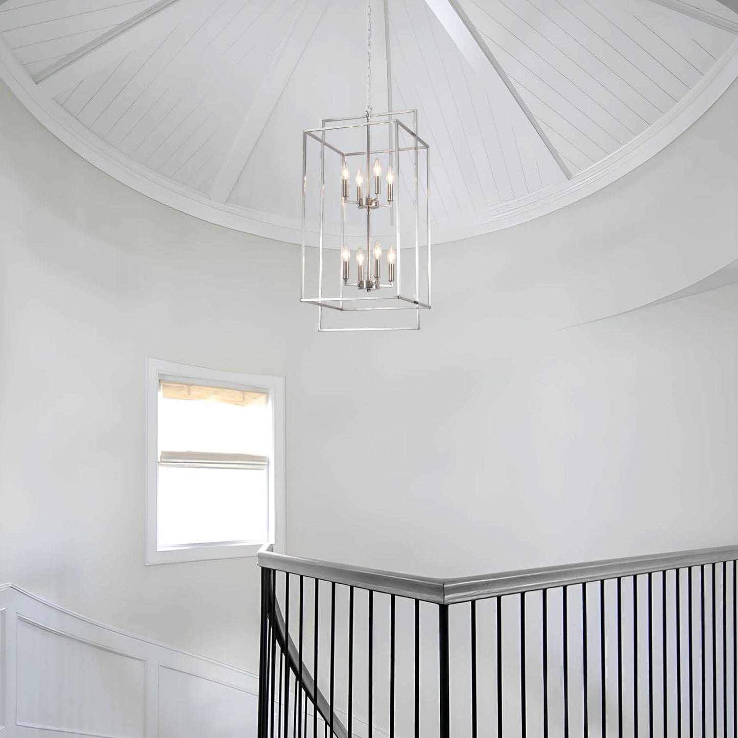 QAREHL High Ceiling Chandeliers for Foyer Brushed Nickel Chandelier for Entryway Modern Farmhouse 15.74’’ in Metal 8 Light Lantern Tiered Pendant Light for Dining Room Kitchen Island Hallway Stairway