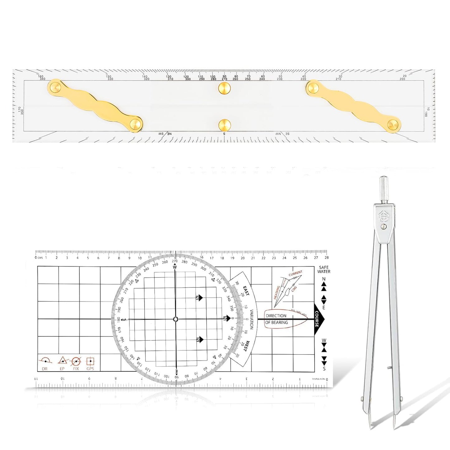 Ironwarrior 3 Pcs Basic Navigation Set,Including 15inch Parallel Ruler with Brass Arms, Nautical Protractor, and 6 Inch Marine Fixed Points Divider, Marine Accessories with Clear Scales for Boat