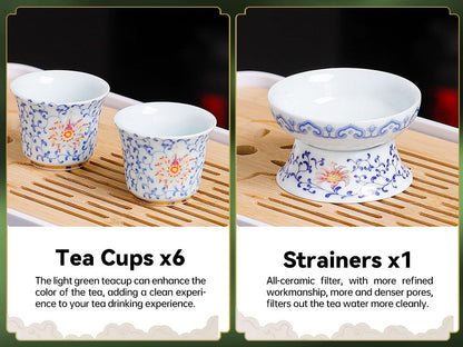 REOWONU Japanese Tea Set Traditional with 6 Cups, Chinese Gongfu Tea Set for Adults, Gold-plated Edge Craftsmanship (Entwined lotus 6cups)