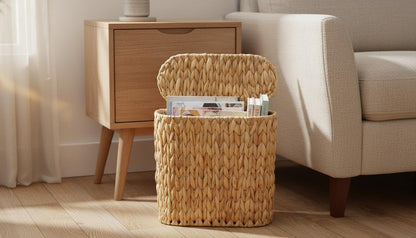 Coeusy Wicker Bathroom Trash Can with Lid,Narrow Rattan Waste Basket with Removable Liner Bucket,Slim Woven Water Hyacinth Garbage Can for Bedroom,Office,Small Spaces,3 Gallon