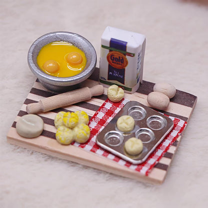Miniature Dollhouse Kitchen Baking Set with Rolling Pin, Mixing Bowl, Bread Molds, Checkered Mat, Food Preparation Board, Photography Props