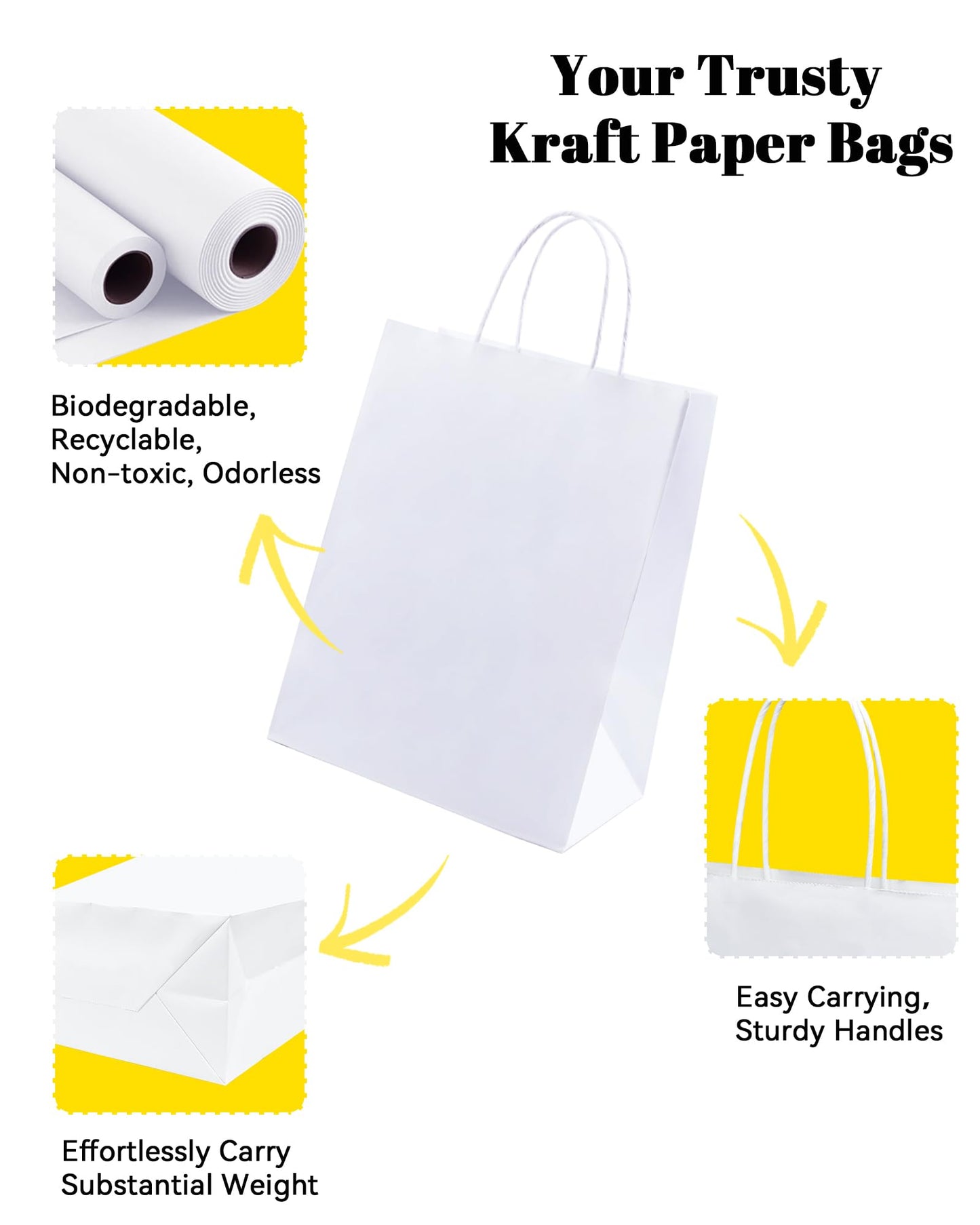 BAG BOX 100 Pack 8.25x4.3x10.6 Inch White Gift Bags with Handles,Bulk Kraft Paper Bags for Shopping, Retail, Merchandise, Wedding, Party Favors, Paper Grocery Sacks