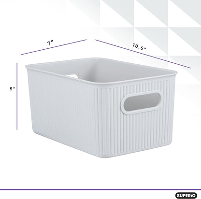 Superio Ribbed Collection - Medium Decorative Plastic Open Home Storage Bins Organizer Baskets, White Smoke (4 Pack)