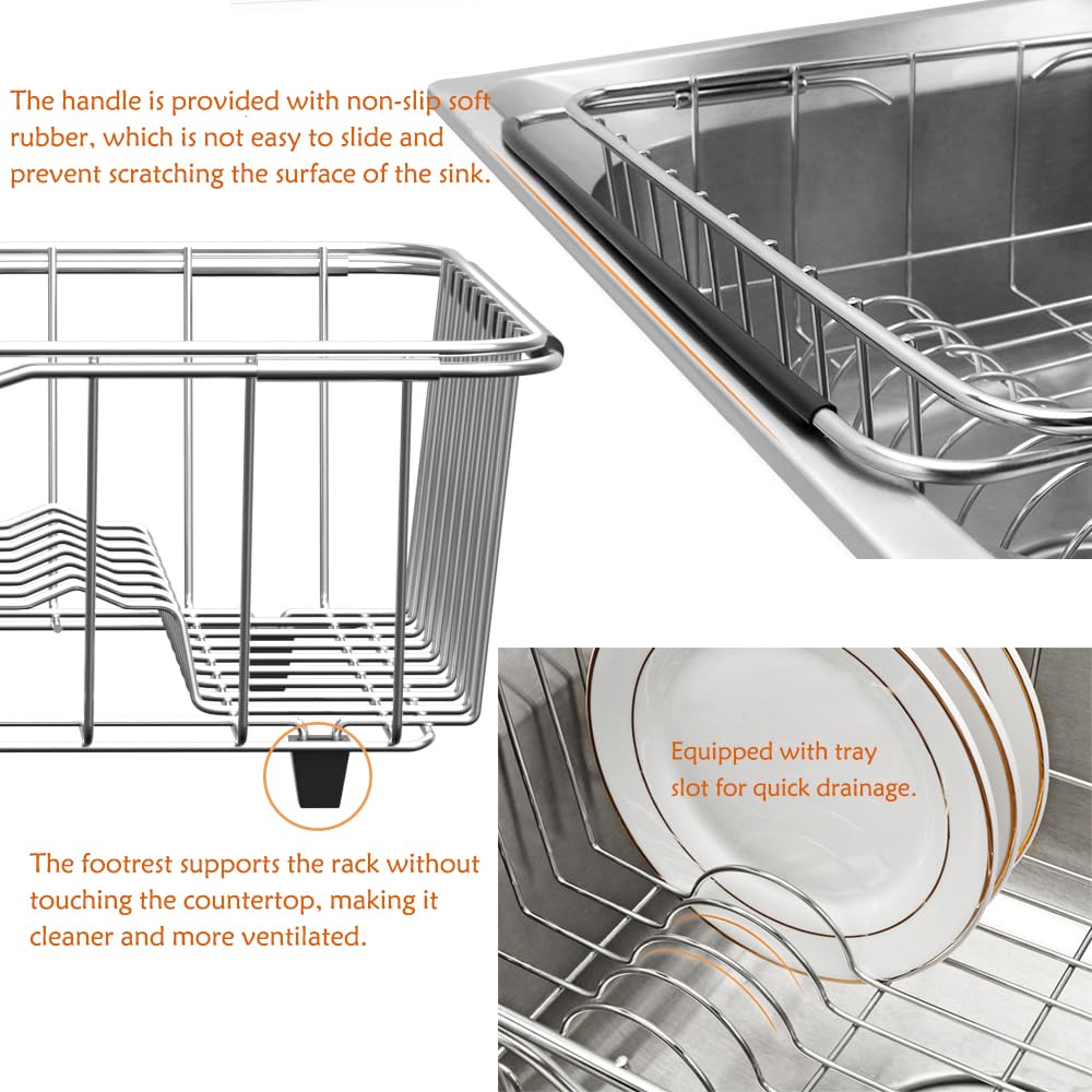 NiuYichee Stainless Steel Dish Drying Rack(15.2"L X 11"W X 5.3"H), Expandable Fruit & Vegetable Drain Rack over Sink, Dish Drainer Rack in Sink, with Stainless Steel Utensil Holder & Silicone Mat(16")