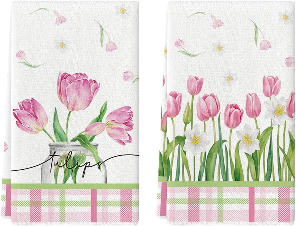 18x26 Inch Set 2 Artoid Mode Tulip Buffalo Plaid Flowers Spring Kitchen Towels Dish Towels, Seasonal Floral Decoration