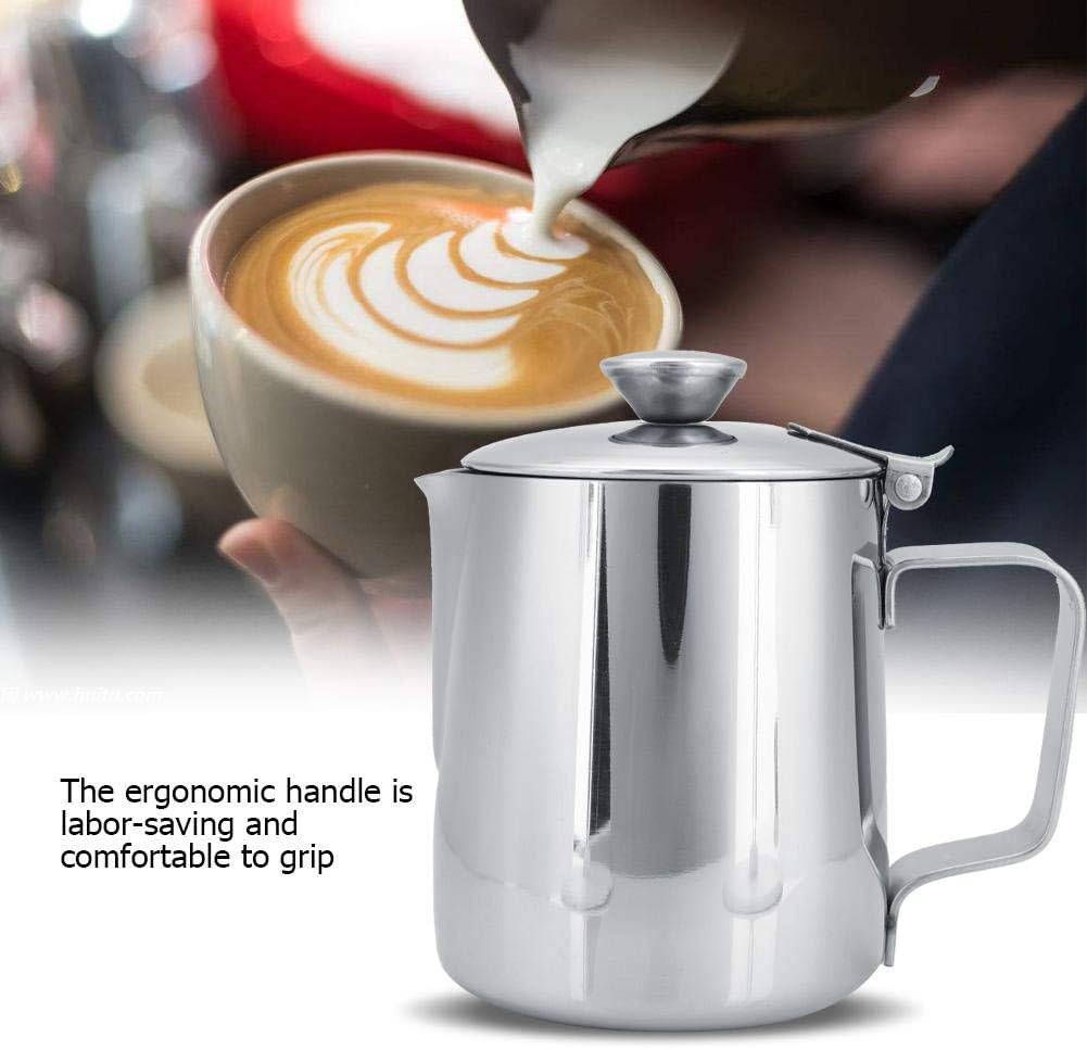 Milk Frothing Pitcher, Stainless Steel Coffee Cup with Lid for Home Office Kitchen Coffee Shop Latte Art, Silver