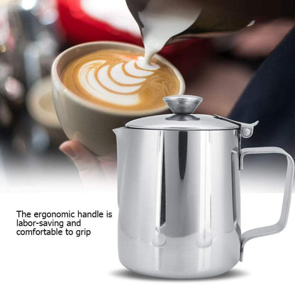 Milk Frothing Pitcher, Stainless Steel Coffee Cup with Lid for Home Office Kitchen Coffee Shop Latte Art, Silver