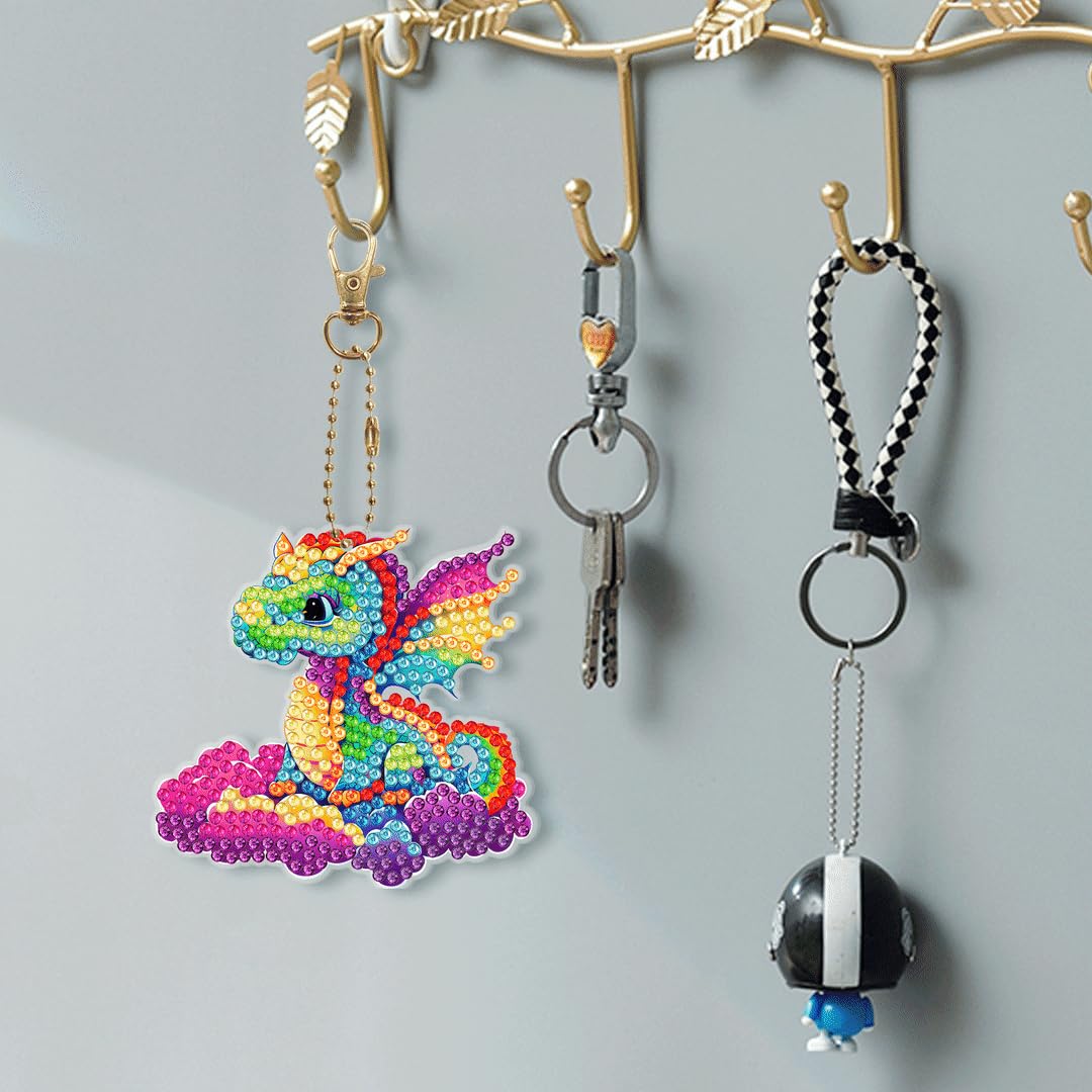 YUE ZHE 6 PCS Diamond Painting Keychains Double Sided Dragon Diamond Art Kits for Adults DIY 5D Painting Keychains Ornaments for Adults Beginners DIY Crafts Decor