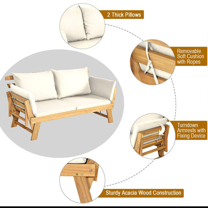 Tangkula Convertible Acacia Wood Patio Couch Sofa Bed with Adjustable Armrest, Outdoor Daybed with Cushion & Pillows, Outside Folding Futon Sofa Couch Bench for Porch, Courtyard, Poolside & Garden