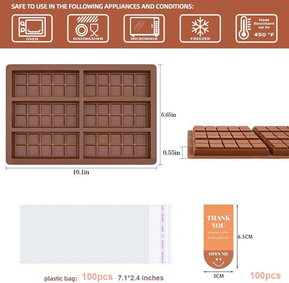 6 Cavities Chocolate Bar Mold Deep with 100pcs Storage Bags and 100pcs Stickers, Non-Stick Rectangle Wax Melt Silicone Molds for DIY Chocolate Molds Gift (6 Cell 10 Section)