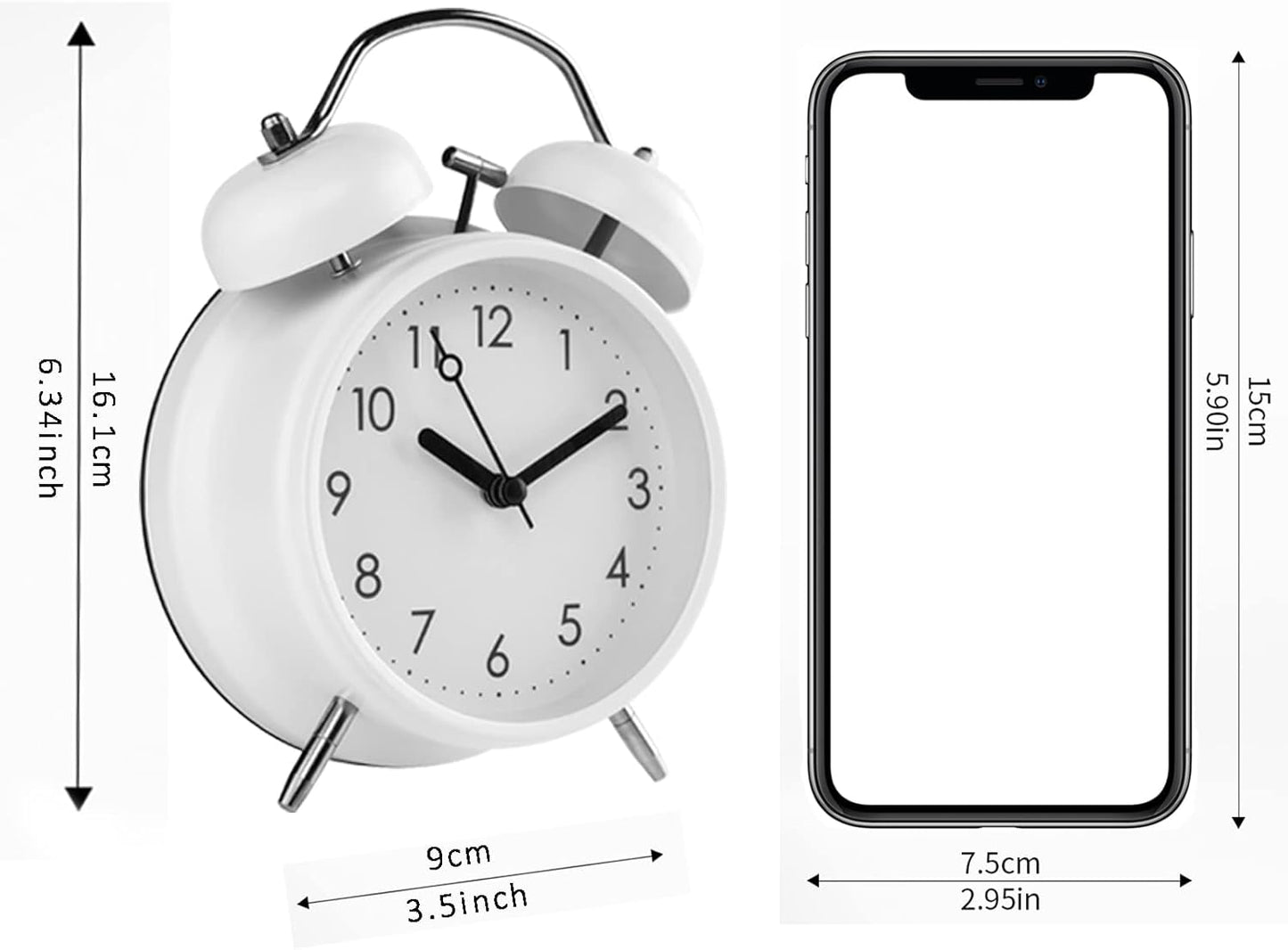 PILIFE 4 inch Analog Alarm Clock, Super Silent Non-Ticking Twin Bell with Backlight, Battery Operated