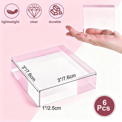 Hacaroa 6 Pieces Acrylic Square Display Block, 3 x 3 x 1 Inches Clear Polished Acrylic Cube Risers, Solid Jewelry Display Pedestal Stand Showcase Holder Base for Ring, Perfume, Photography Props