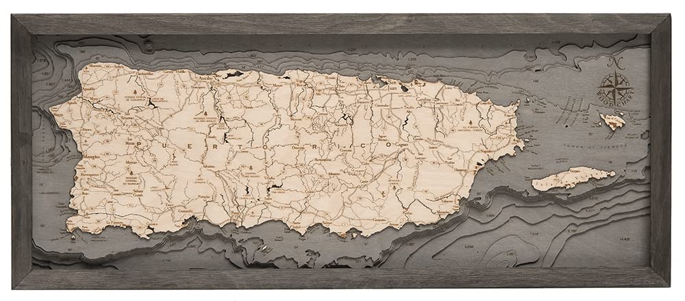 Puerto Rico 3-D Nautical Wood Chart, Grey Frame, 13.5" x 31"