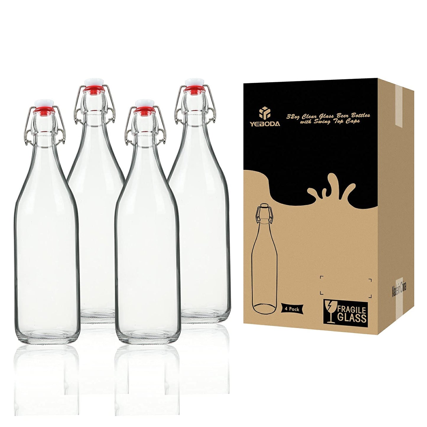 YEBODA Clear Glass Bottles with Stopper For Home Brewing Beer Kombucha Kefir & Airtight Silicone Seal 32 oz(4 Set)