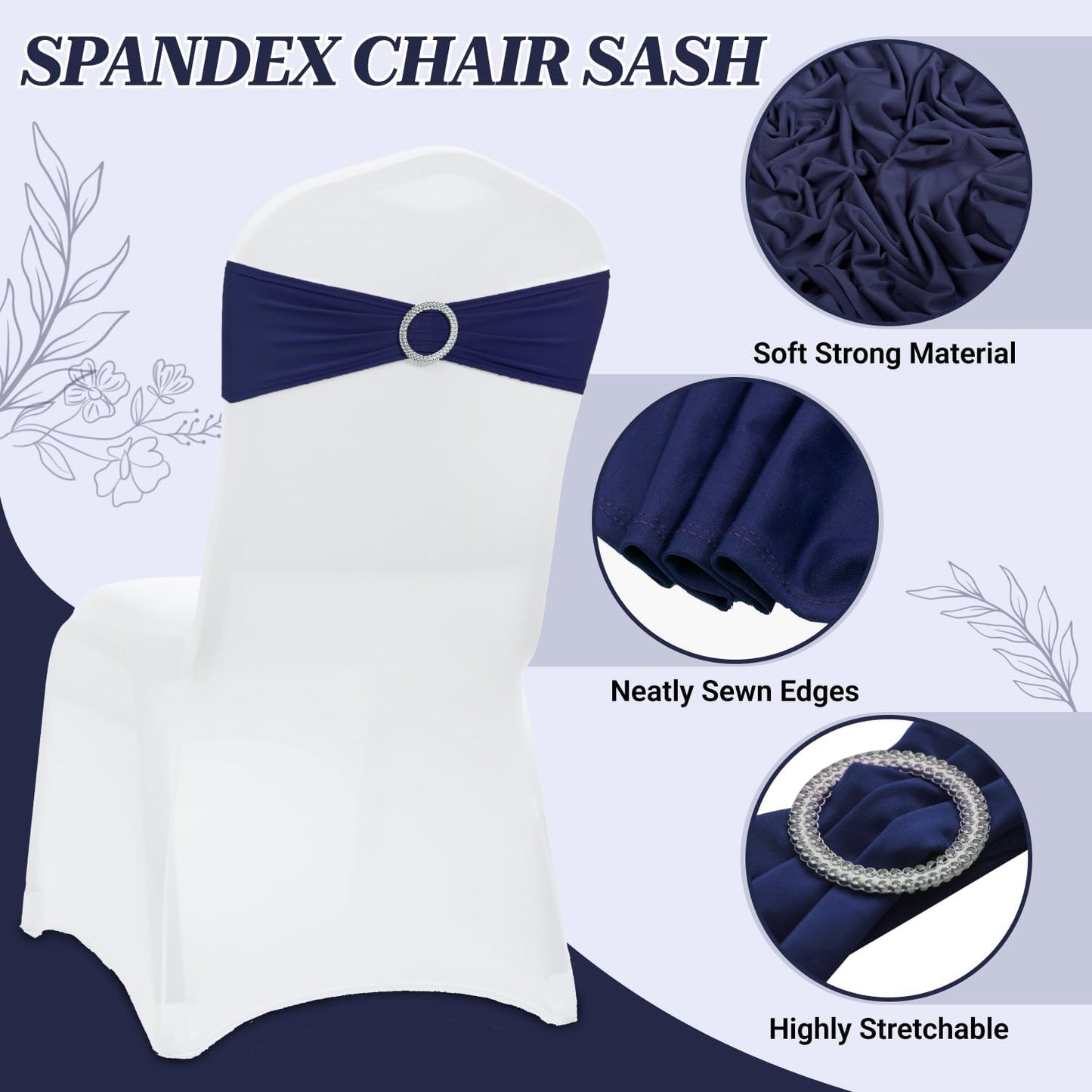 MDS Spandex Chair Sashes - Universal Elastic Stretch Bands with Buckle Slider Bow | Navy Blue, Pack of 125