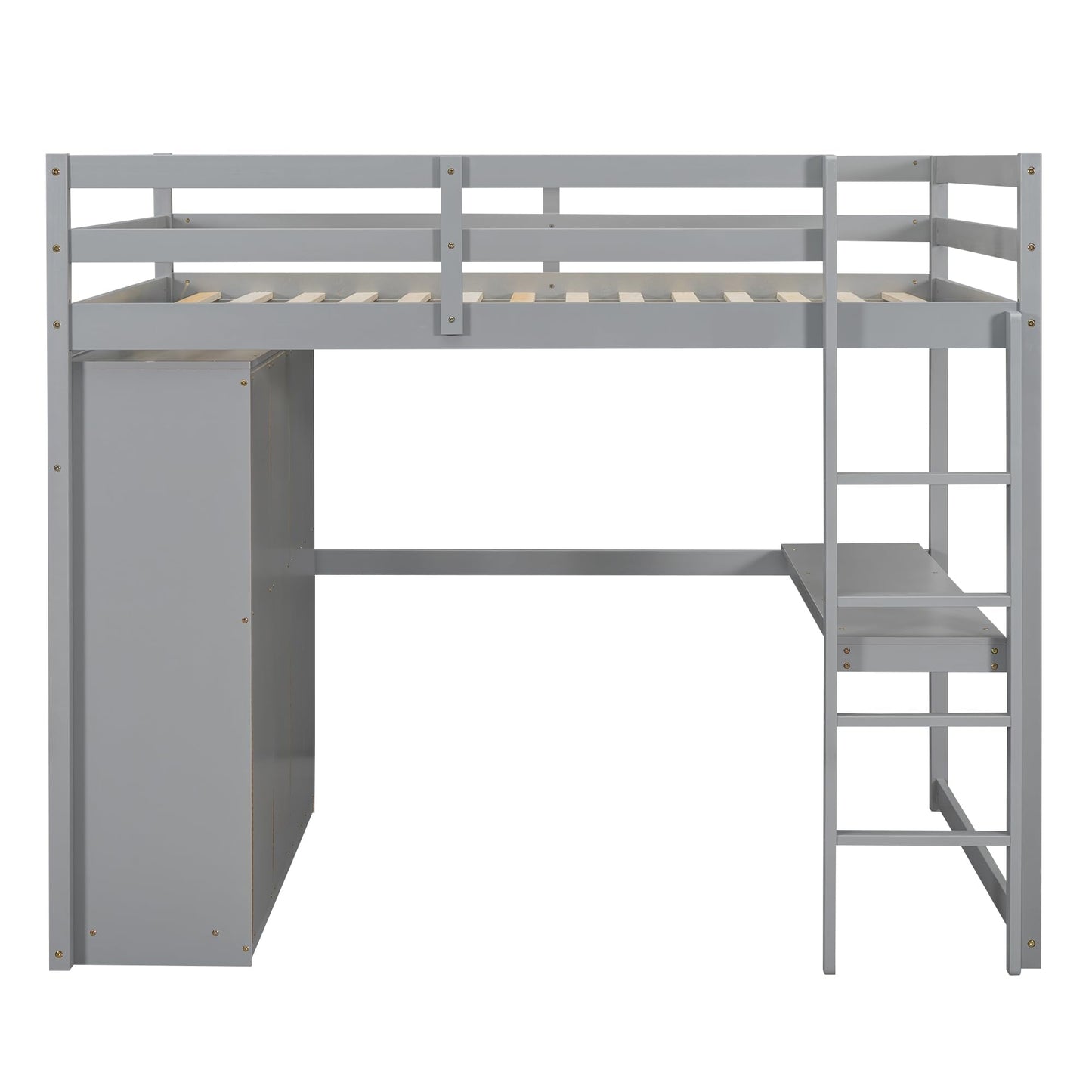 Full Size Loft Bed Frame with Built-in Wardrobe, Desk, Storage Shelves and Drawers, Wood Slat Support