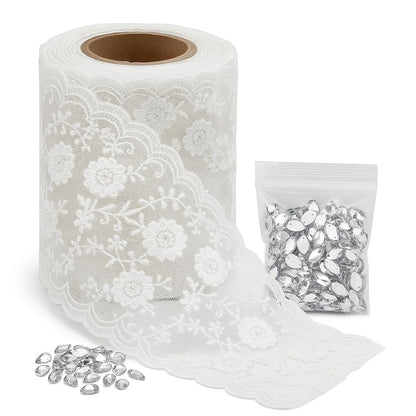 5 Yards White Floral Lace Trim with 25g Rhinestones, Bridal Applique Sewing Kit for Wedding Dress, Veil, Gift Box & DIY Crafts (Ivory)