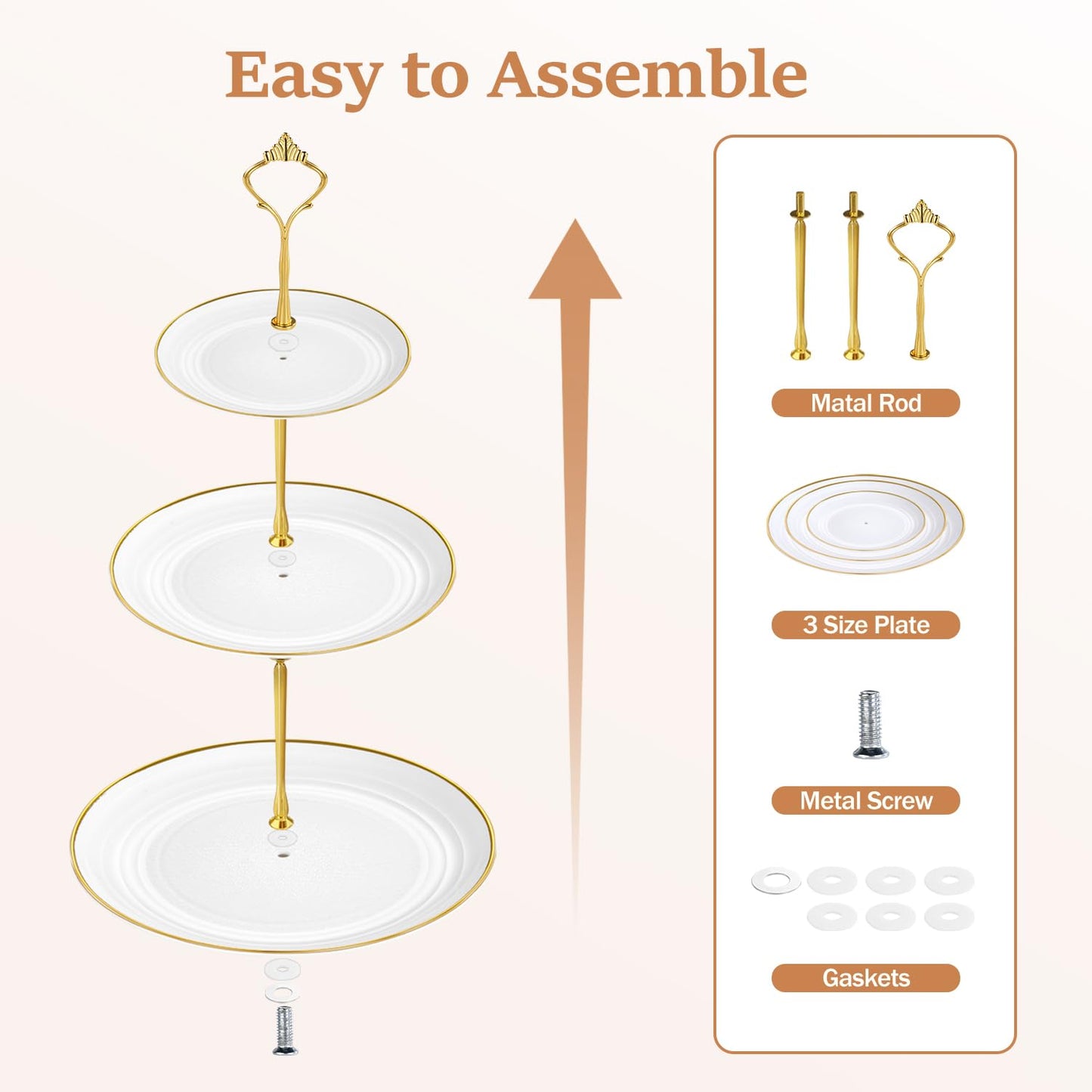 Lzerking 13pcs Dessert Table Display Set, 6 3-Tiered Cupcake Stands (3round & 3square) with 4 Trays & 3 Tongs, White Gold Plastic for Wedding, Tea Party, Baby Shower Decor, Birthday Party Decoration
