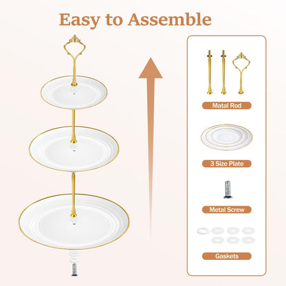 Lzerking 13pcs Dessert Table Display Set, 6 3-Tiered Cupcake Stands (3round & 3square) with 4 Trays & 3 Tongs, White Gold Plastic for Wedding, Tea Party, Baby Shower Decor, Birthday Party Decoration