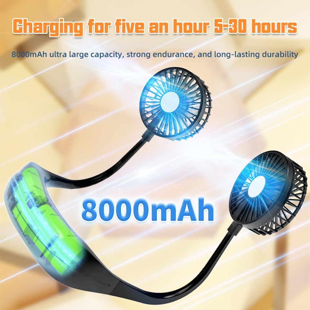 Portable Neck Fan, 360° Cooling Hands-Free Fan, 8000 mAh Battery Operated Quiet Wearable Personal Fan
