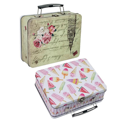 DreamsEden Luwint Tin Storage Boxes with Handle Small Metal Fun Box Cute Sturdy Tin Box Decorative Keepsake Case with Lid, Set of 2