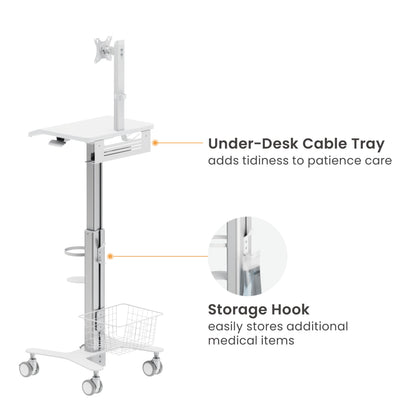 Mount Plus MB-C10 Medical Trolley Cart For Monitor Desktop With Keyboard Table, Basket, Wipe Holder, Scanner Holder For Hospital Clinic Dental Office Home Office | Height Adjustable Mobile Workstation