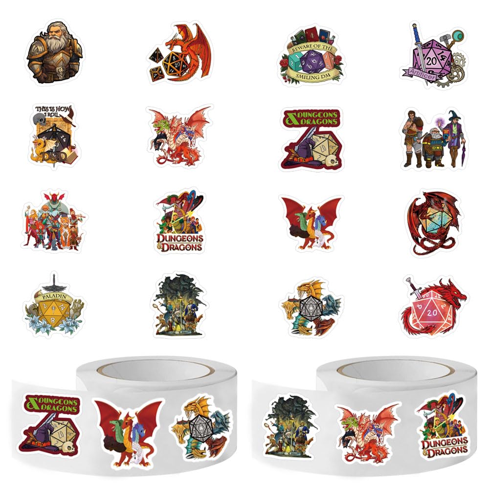 1000pcs Stickers, D&D Classic Game 1.5 Inch Labels with 16 Patterns Decal Rolls Self Adhesive Seals for Party Decor for Water Bottle Laptop Scrapbook Card Envelope
