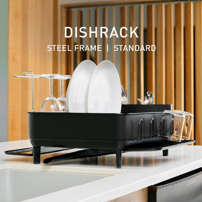 simplehuman Large Capacity Dish Drying Rack with Stainless Steel Frame, 360º Easy Drain Swivel Spout, Utensil & Wine Glass Holder, Anti-Residue Coating, Moisture Control Surface, Matte Black