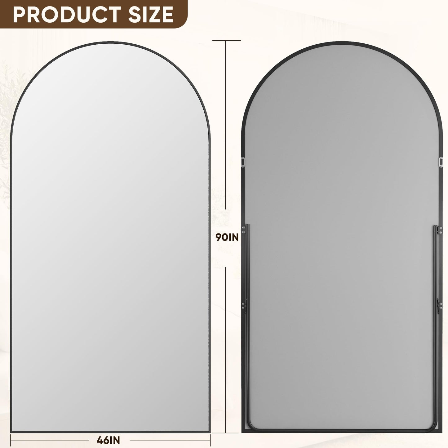 Antok Full Length Mirror, 90"x46" Floor Mirror with Stand, Hanging Mounted Mirrors for Bedroom, Living Room, Cloakroom, Dining Room, Black, Arched