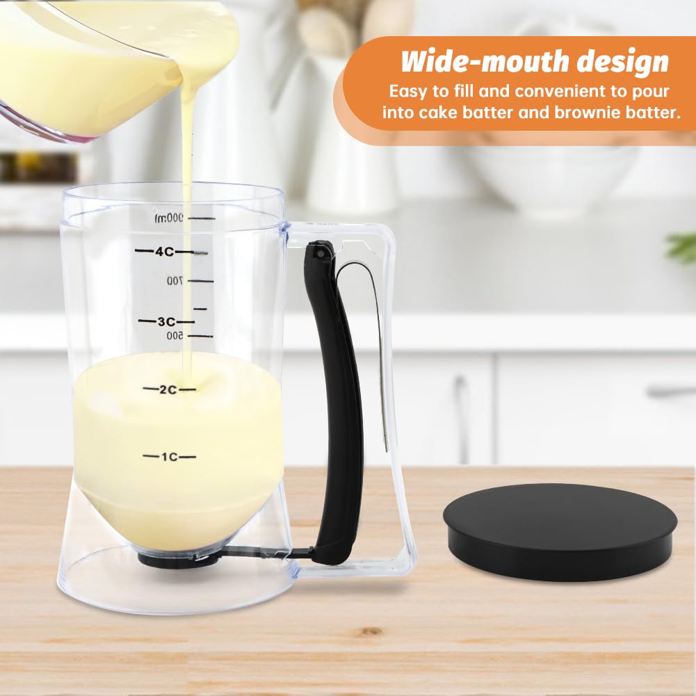 Pancake Batter Dispenser With Squeeze Handle Set, No Mess & Easy Pour, Includes Muffin, Hexagram, Heart and Flower Rings, Pastry Brush and Spatula – Ideal for Pancakes, Waffles and Cupcakes