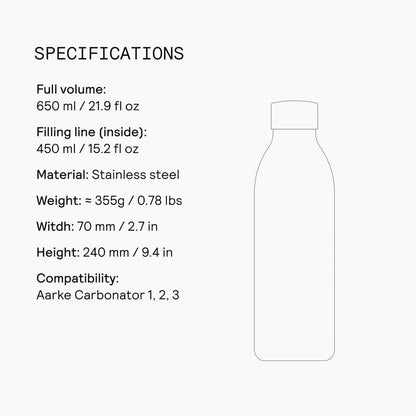 aarke To-Go Bottle - Stainless Steel Insulated Travel Water Bottle with Lid, Reusable 24 Hour Carbonation, Compatible with Only Carbonator 3, 650 mL/22 fl oz
