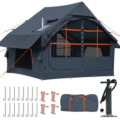 Blow Up Tent with Skylight and Stove Jack,4-6 Person Inflatable Camping Hot Tent with Pump,Easy Setup Family Camping Tent 4 Season Waterproof Outdoor Tents,Grey