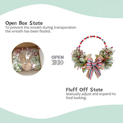 TEMPUS 4th of July Independence Day Wreath Red, White and Blue Wooden Bead Berries Wreath Lambs Leaves Ring Wreath 16 inch Patriotic Decorations for Front Door，Memorial Day Flag Day Veterans Day