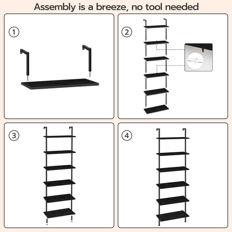 HOOBRO DIY Ladder Shelf, 6-Tier Wall Mounted Bookshelf, Office Vertical Bookcase, Wooden Storage Shelves for Home Office, Bedroom, Black BB65CJ01
