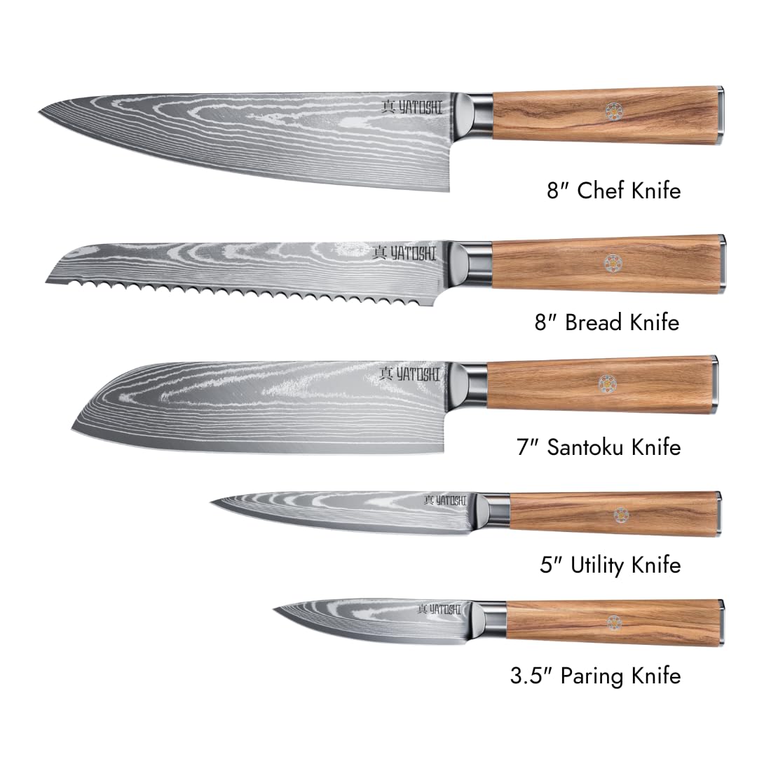 Yatoshi Knives Magnetic Kitchen Knife Block Set - Japanese 67 Layer High-Grade VG-10 Steel Knives, Sharp, Professional Kitchen Knife Set - Damascus (6 pieces), Olive Wood Handles