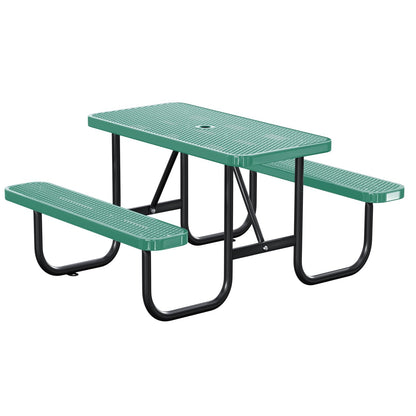 Gaonala 4FT/48IN Heavy Duty Outdoor Picnic Table and 2 Benches for 2-6 People, Weather Resistant Rectangular Steel Picnic Table Set with Umbrella Hole for Yard Patio Lawn Party Green