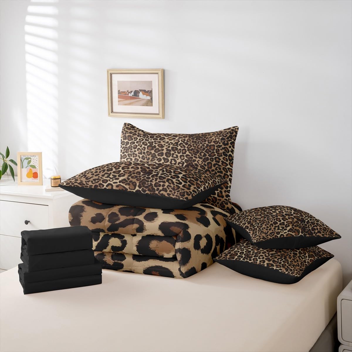 Erosebridal Leopard Print 7 Piece Bedding Set Queen Cheetah Decor Comforter Set with Sheets Geometric Modern Bed in A Bag African Safari Animal Bed Sets with 2 Pillowcases, 2 Throw Pillow Covers