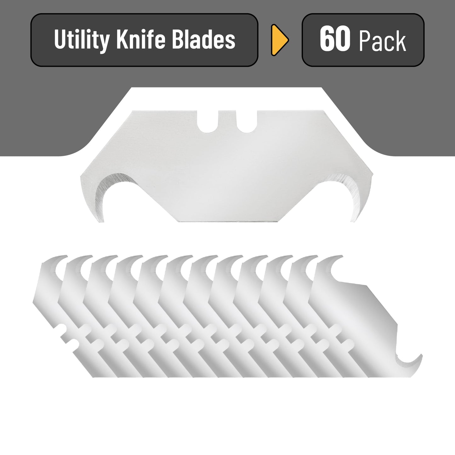Bates- Utility Knife Blades with Hook Edge, 60 Pack, Carbon Steel, Silver, Replacement Blades for Box Cutter, Utility Knife Refills