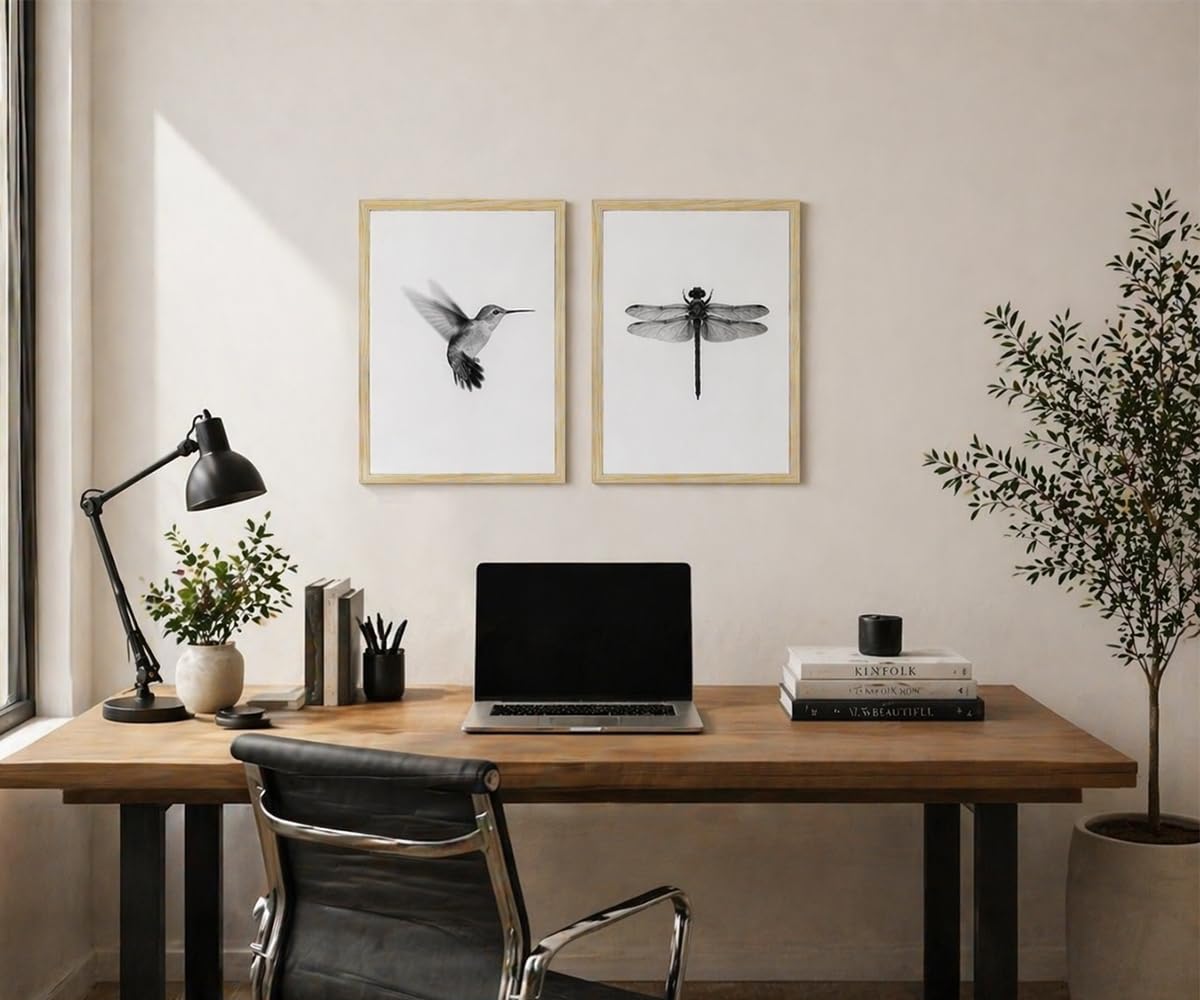 2pcs Black and White Minimalist Wall Art Modern Hummingbird Dragonfly Poster Print, Scandinavian Japandi Style Nature Picture Painting, Neutral Bedroom Living Room Wall Decor 12x16 Inches