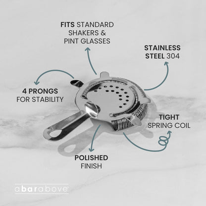 A Bar Above Cocktail Strainer, 4-Prong Bar Strainer with High Density Spring for Smooth Pouring, Fits Boston Shaker Tins and Mixing Glasses, Bar Essentials for Home Bartenders and Pros, Silver Finish
