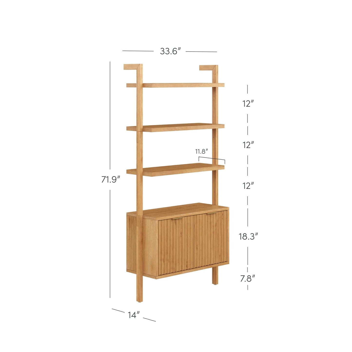 Nathan James Jasper 3-Shelf Solid Wood Boho Bookshelf, Wall Mounted Bookshelf with Cabinet with Fluted Doors, Natural Brown
