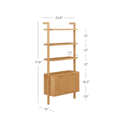 Nathan James Jasper 3-Shelf Solid Wood Boho Bookshelf, Wall Mounted Bookshelf with Cabinet with Fluted Doors, Natural Brown