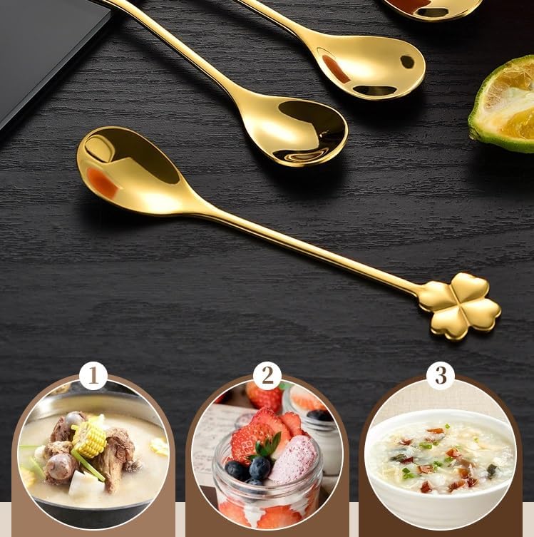 10 pcs Gold Four-Leaf Clover Stainless Steel Spoon Set, Unique Design for Coffee, Tea, Desserts, 4.7 inch