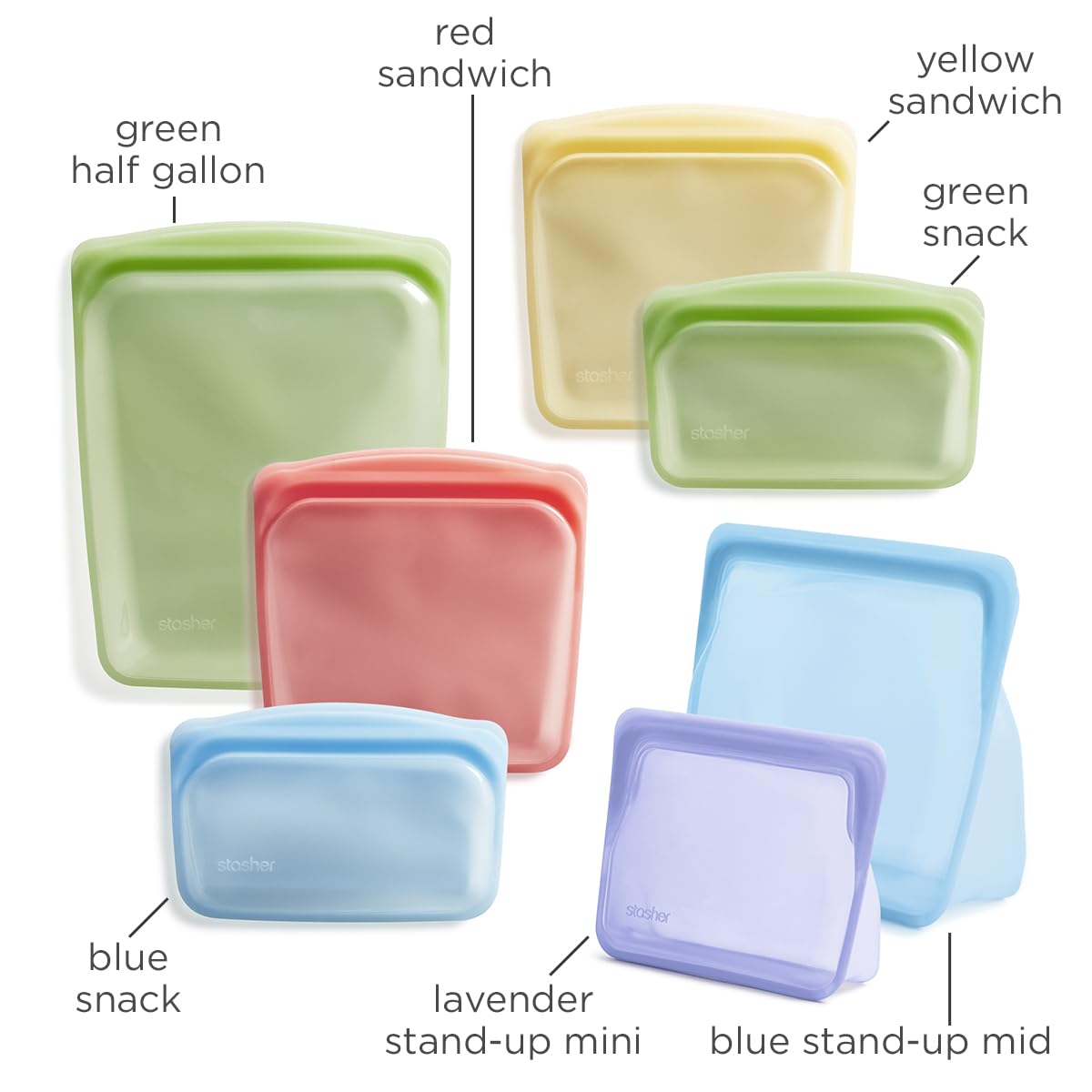 Stasher Premium Silicone Reusable Food Storage Bags, 7-Pack, Rainbow, Multi-Use Food Storage Bags, Lunch Bag, Travel Containers, BPA Free, Leak-free, Dishwasher-Safe, Eco-friendly