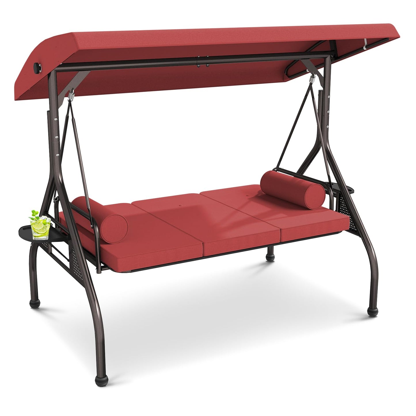 Patiomore 3 Seat Outdoor Porch Swing Chair, Adjustable Canopy Swing Bench, Convertible Backrest Swing Bed with Thicken Cushions, Pillow & Cup Hold (Wine Red)