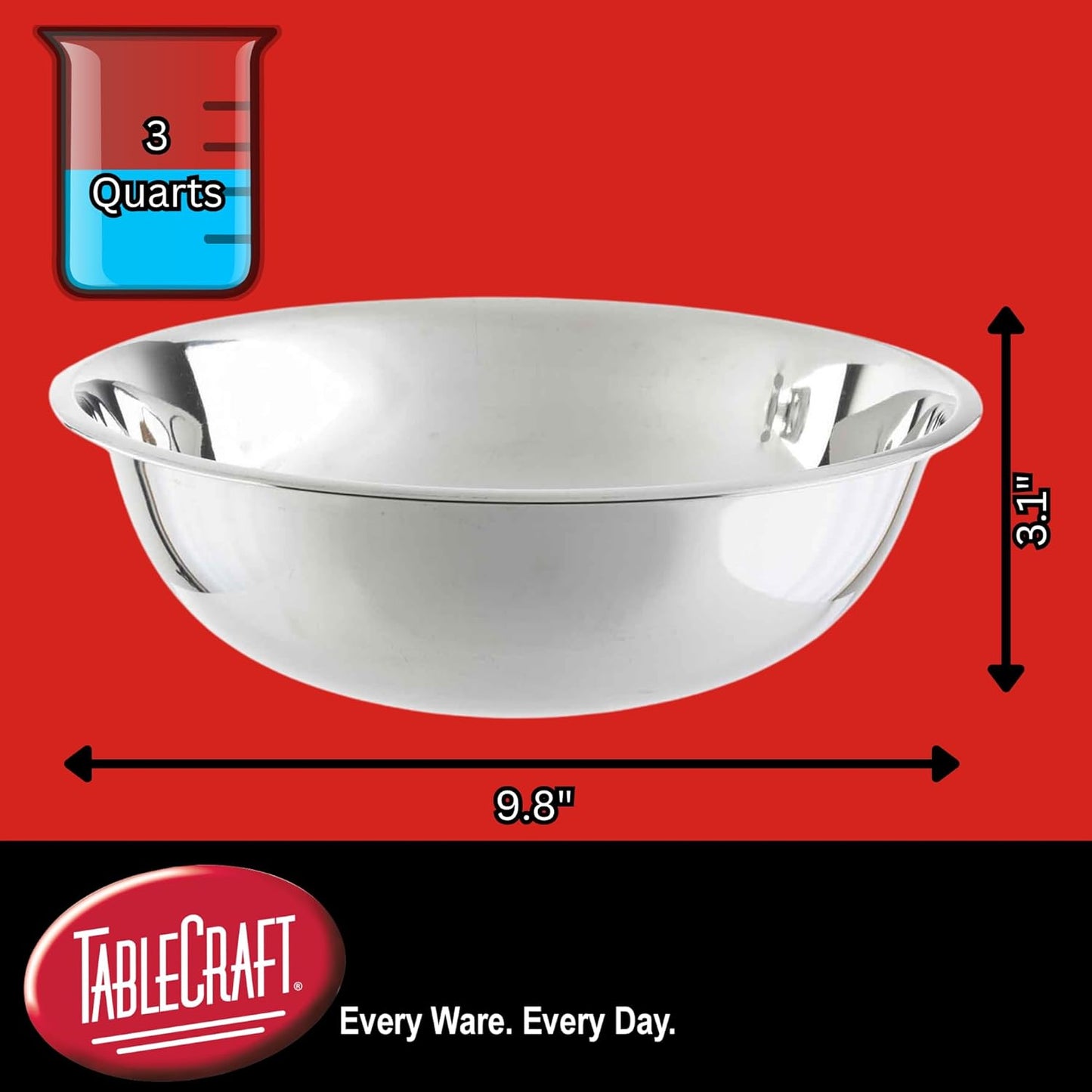 TableCraft 824 Mixing Bowl, Stainless Steel, 3 Qt, 10" x 10" x 3", Lightweight, Durable, Professional Grade