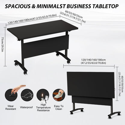 Conference Room Table with Wheels 6ft Folding Modular Large Black Conference Table Foldable Modern Rectangle Training Meeting Tables for Classroom Office(8, Black, D 55")
