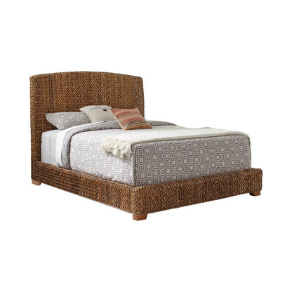 Coaster Home Furnishings Laughton Coastal Hand Woven Banana Leaf Bed Frame Eastern King Size Upholstered Panel Bed Amber Brown 300501KE